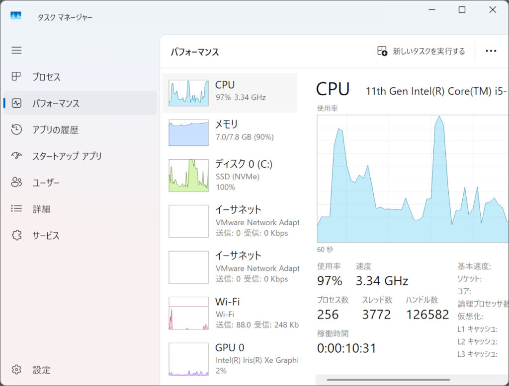 おさふぇ7たす(Core i5-1135G7モデル)でWord、Gimpを起動した際のタスクマネージャーの様子